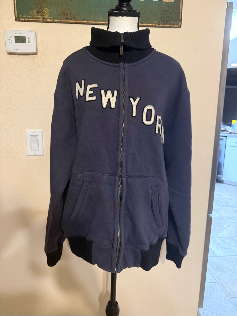 Vtg Blue Marlin New York Zip Up Hoodie Heavyweight Y2K Streetwear Mens L Navy